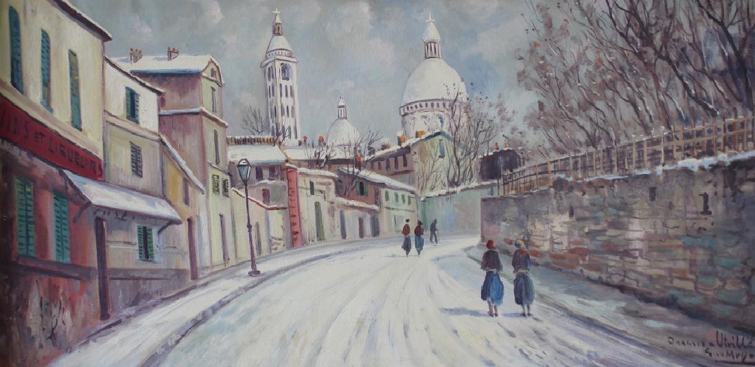 Oil on Canvas After Maurice Utrillo: French cityscape scene of Sacre Coeur de Mountmartre in Paris. Signed lower right reading "Omaggio a Utrillo", meaning homage to Utrillo. Also present is undecipherable name or date, very good conditi