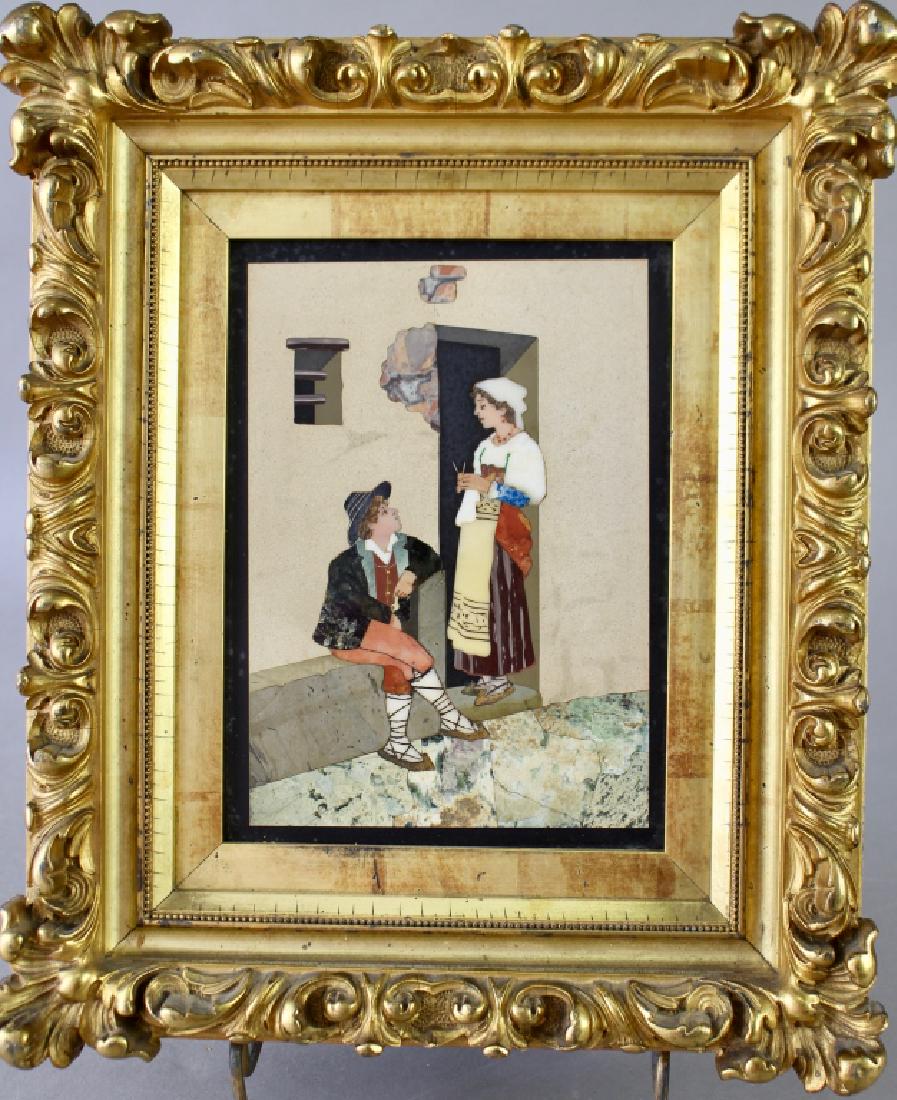 Pietra Dura Scenic Plaque by Pierre Bazzanti: c. 1900-10, in ornate gold frame. Depicts young man and woman flirting in doorway, intricate multi-colored stone inlay, 6" x 8" image in 10.5" x 12.5" frame, signed with paper label en verso, very goo
