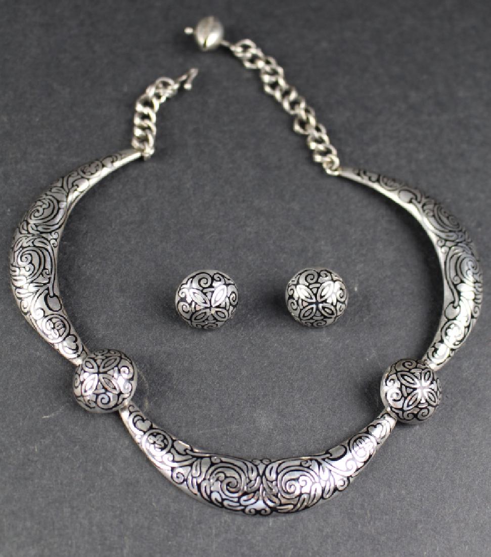 Margot Mexican Sterling Necklace and Earrings: large link necklace and earrings, etched all over designs, ball clasp possibly not perfect. 3.35 ozt.