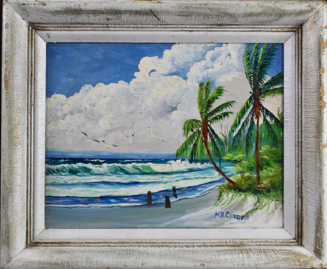 Mary Ann Carroll, Florida Highwaymen Painting: oil on canvas, beach seascape with rolling surf, palm trees, sea gulls. This painting was given to Dorothy Butler, the wife of Robert Butler (Highwaymen) by Ms. Carroll over 20 years ago. It has been 