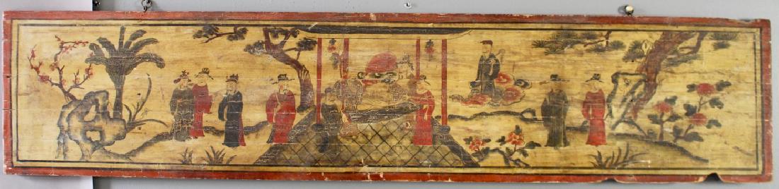 Chinese Wood Scenic Panel c. Early 18th Century: depicting elders, dignitaries, and artisans, among floral landscape and trees, yellow background, red and back border, image shows aging and alligatoring to paint. 5-76" wide boards connected en verso