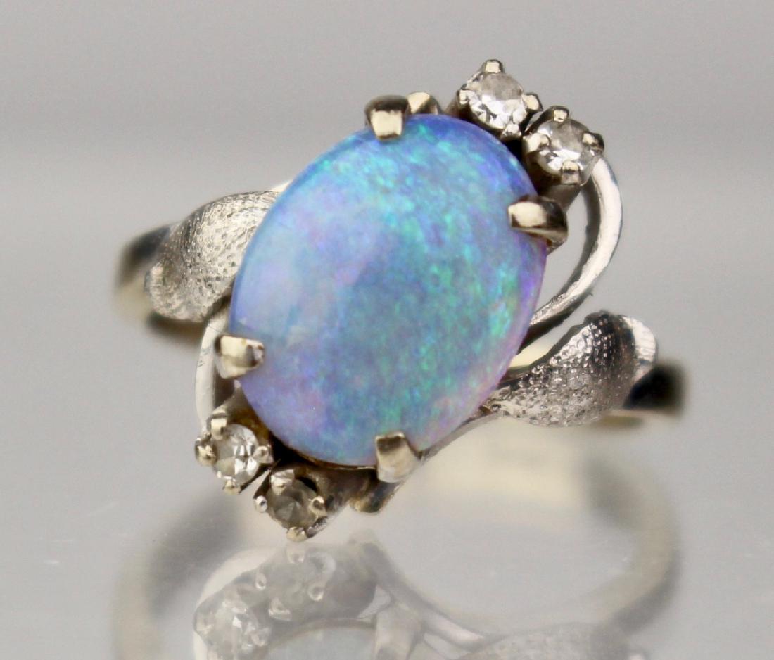 14K White Gold Fiery Opal & Diamond Ring: stone is in very good condition with excellent depth, 5.1 grams, size 5.