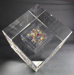 Jon Kuhn, 1949, Art Glass Sculpture: in cube form, with internal decoration entitled "Elegant Vision", signed and dated 1995, 8.25" square with faceted corner for display, mint, 54 pounds.