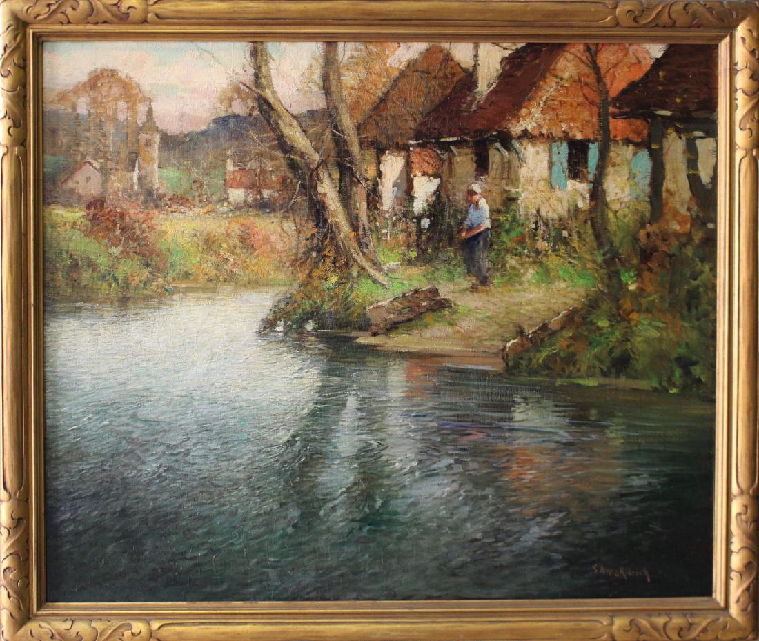 George Ames Aldrich, Oil on Canvas: 1872-1941, country scene, untitled, but his similar works indicate this is Normandy, fine scene of maiden by a stream, cottages, trees, etc. Relined in very good condition, 34" x 29" in Impressionist 