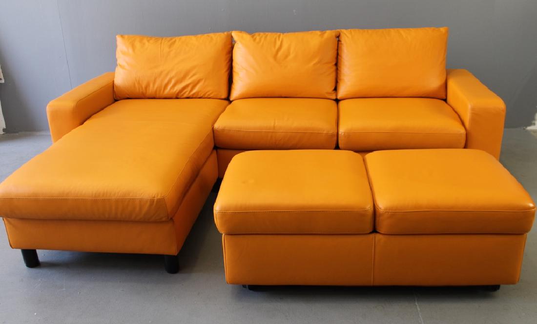 Ekornes "Paloma" Leather Sofa: mid-century style by J. E. Ekornes, Norway. Unit includes L-shaped return and unique storage ottoman, locking frame for stability, "Clementine" color, loose cushions with Velcro, signed with tag, like