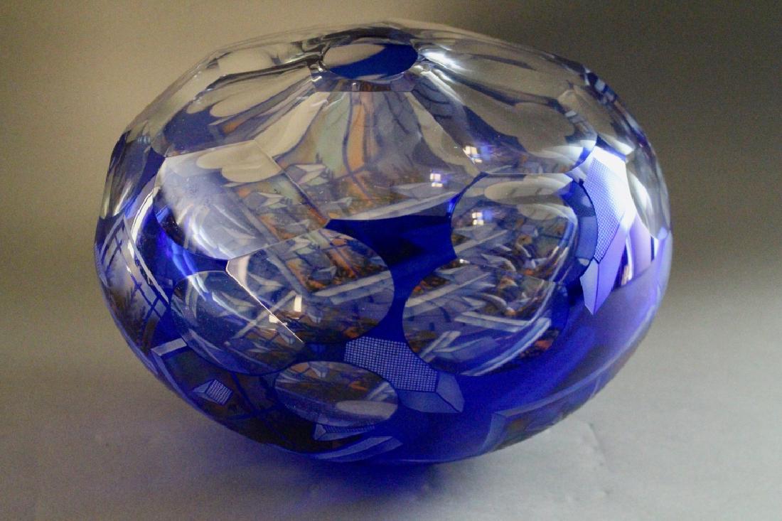 David Schwarz Art Glass Bowl: signed and dated 3/12/96. A faceted orb, cobalt cut to clear, acid cut back panels ala Galle, geometric etched objects and windows, something fascinating from every angle, 11" tall x 14" diameter, ver