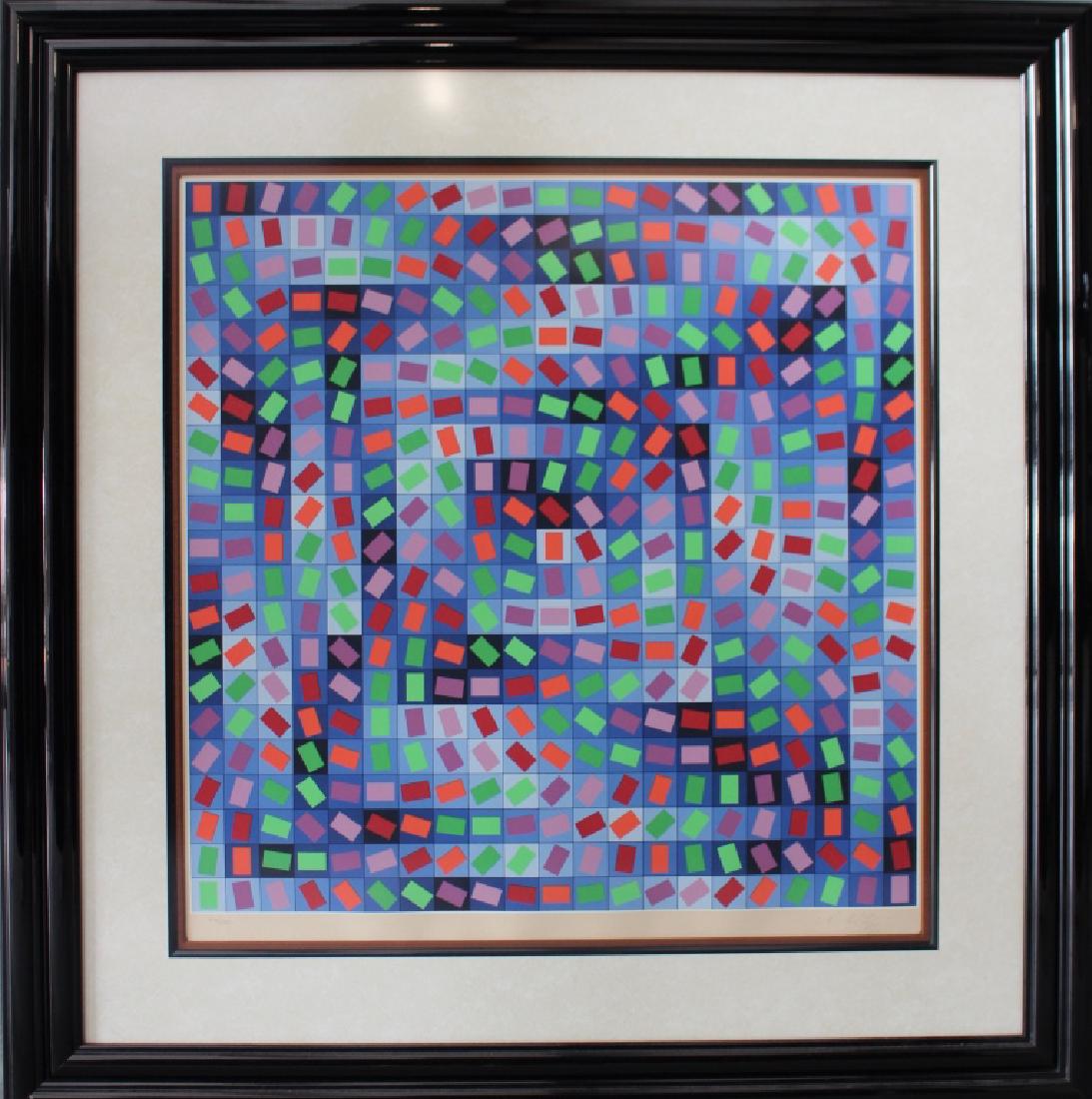 Victor Vasarely, Serigraph "Rhythm": limited edition 196/250, multi-colored geometric design, in glossy black frame with triple mat, 36.75" x 37.5", fine condition.