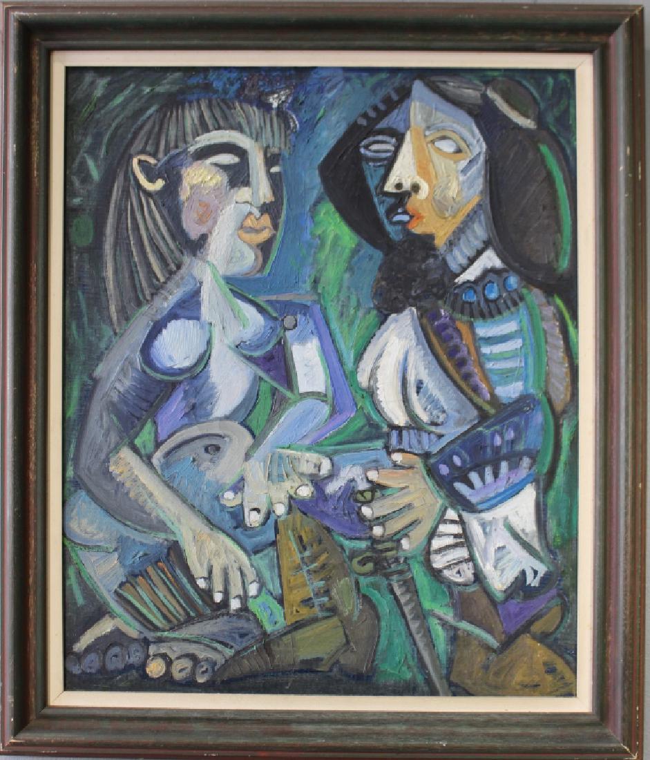 Jesus Gomez Fuertes, 1938-2006, Oil on Canvas: Spain/Brazil/Florida, neo-cubist modern abstract portrait of two figures, dated 1981, signed en verso with much more, very good condition, 25" x 29" frame.