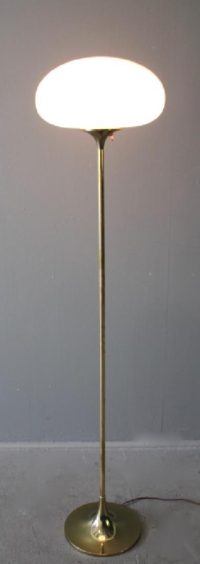 Mid-Century Laurel Mushroom Lamp: polished brass finish pole and base, white frosted shade, 13" diameter shade, 56" tall, good condition.