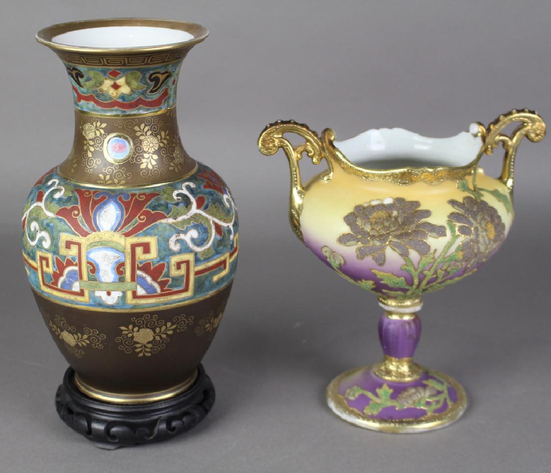 2 Pieces Nippon, Vase and Compote: compote is c. 1910, all over applied crystals, patent mark is faint, one area of loss of crystals, otherwise good condition. 8.5" x 8.5". Vase 10" with stand, green wreath mark, good condition.