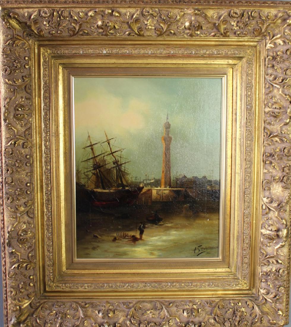 A. Tittel, German School, Oil on Canvas: dated 1888, harbor scene with beached two-mast ship and harbor watch tower. It has substantial restored frame with 1882 sticker en verso. Painting has professional restoration and relining, 26" x 29"
