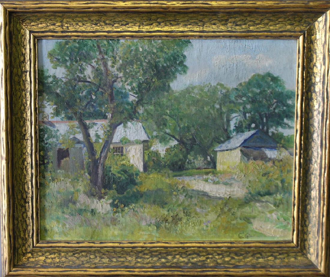 Virgie Claxton, 1876-1953, Oil on Canvas: Texan, Houston and San Antonio, country landscape, she studied under Grant Wood, 26" c 22" in original frame, some minor craquelure and scratch to lower right, signed lower right.