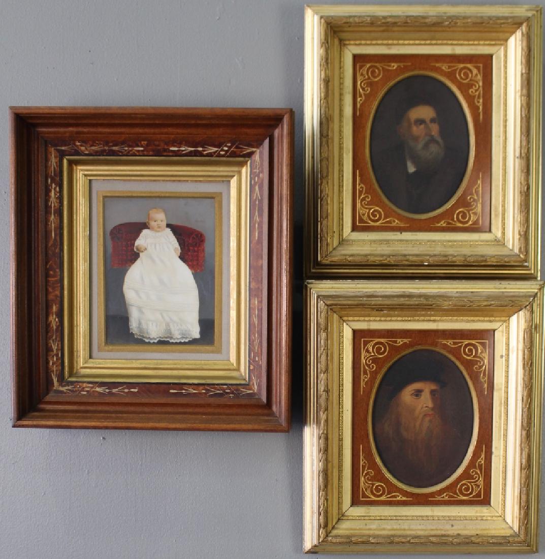 Three Eastlake Frames with Portraits: very fine examples, matched pair of gold leaf frames with corn on the cob gesso, 13" x 14.75" with oil portraits of religious leaders, the other a walnut 14.5" x 17" with faux marble etched border, it