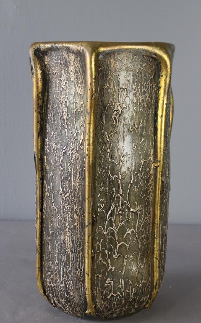Continental Art Glass Vase: in the manner of Teplitz, unsigned, organic gold vertical ribs with textured "drip" applications, blown pontil, some wear to gold 16.5" x 10.5" diameter.