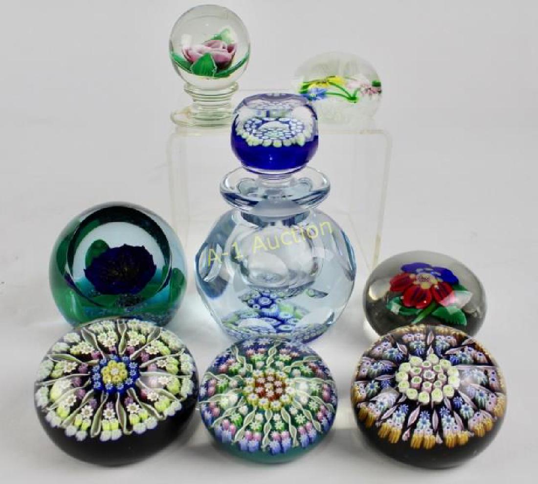 Group of 8 Art Glass Paperweights: Caithness "Tropicana" #1707, Perthshire millefiori facet cut bottle with stopper, three millefiori, Whittemore pink rose, Jay Glass floral, Strathearn floral, some have original boxes, all in good con