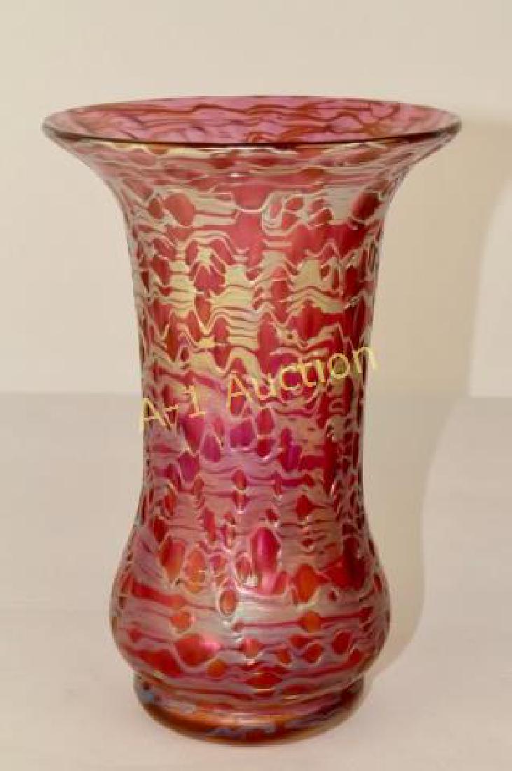 Loetz Diaspora Vase: 8" with raised silvery effect on pinkish red body, unsigned, great condition.
