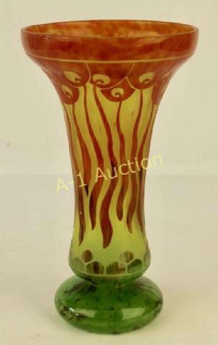 Schneider La Verre Francais Vase: cameo glass, signed with early candy cane application, "France" and other unreadable etched word and "New York", 10.5", reddish orange tendrils trailing from stylized pods, green mottled base, very go