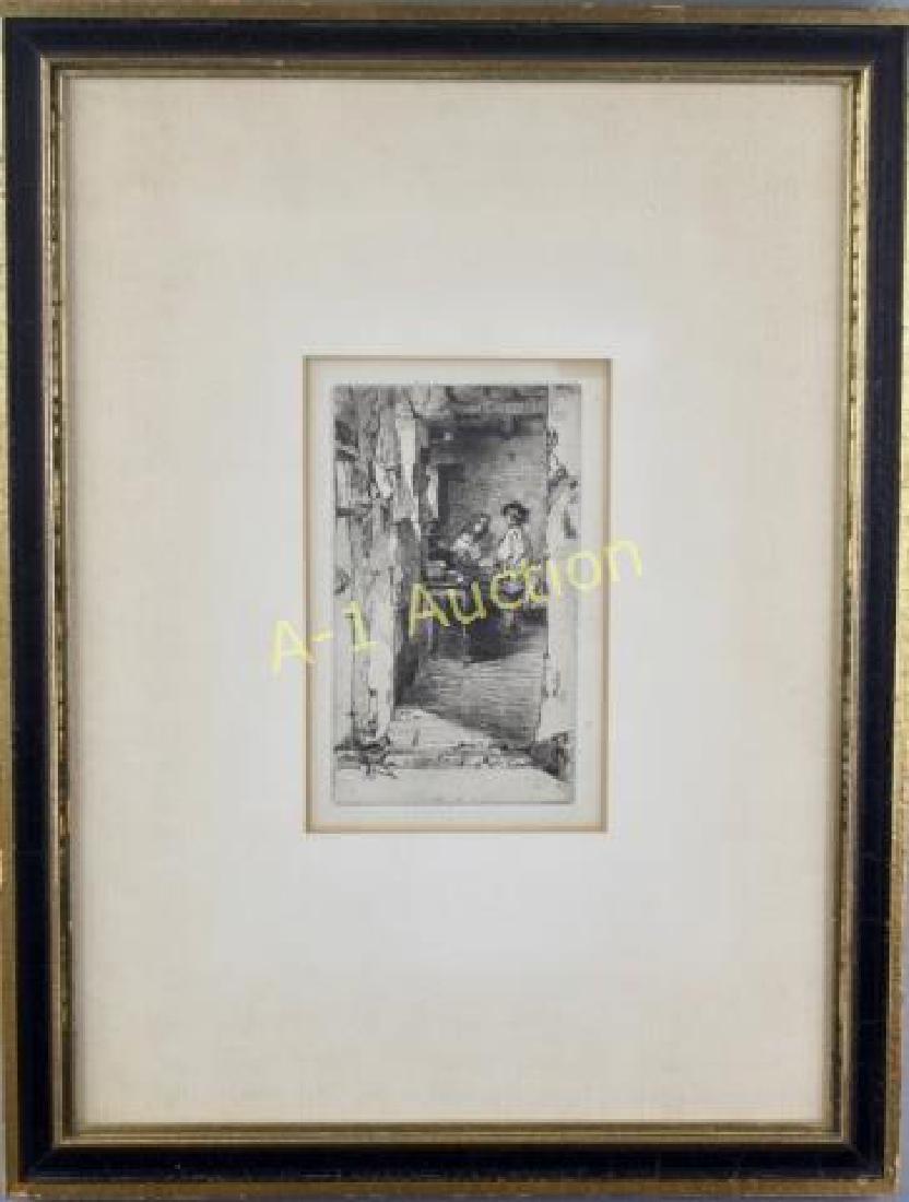 Original Whistler Etching: James Abbott McNeil Whistler, 1834-1903, laid on paper "The Little Rag Gatherers", 1858, final state five, signed in plate, butterfly cipher on lower right above basket, image 3.5" x 6", in 13" x 17" 