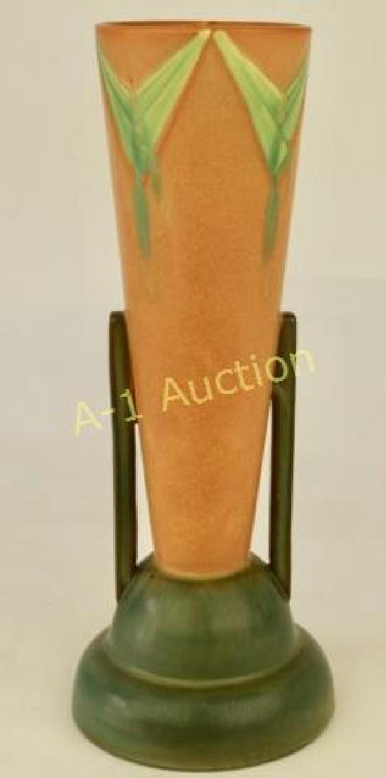 Roseville Futura 410-12 Vase: rare form with 2 elongated handles on stacked tiered base to cylindrical tapering body, unmarked, flawless, 12.25" tall.
