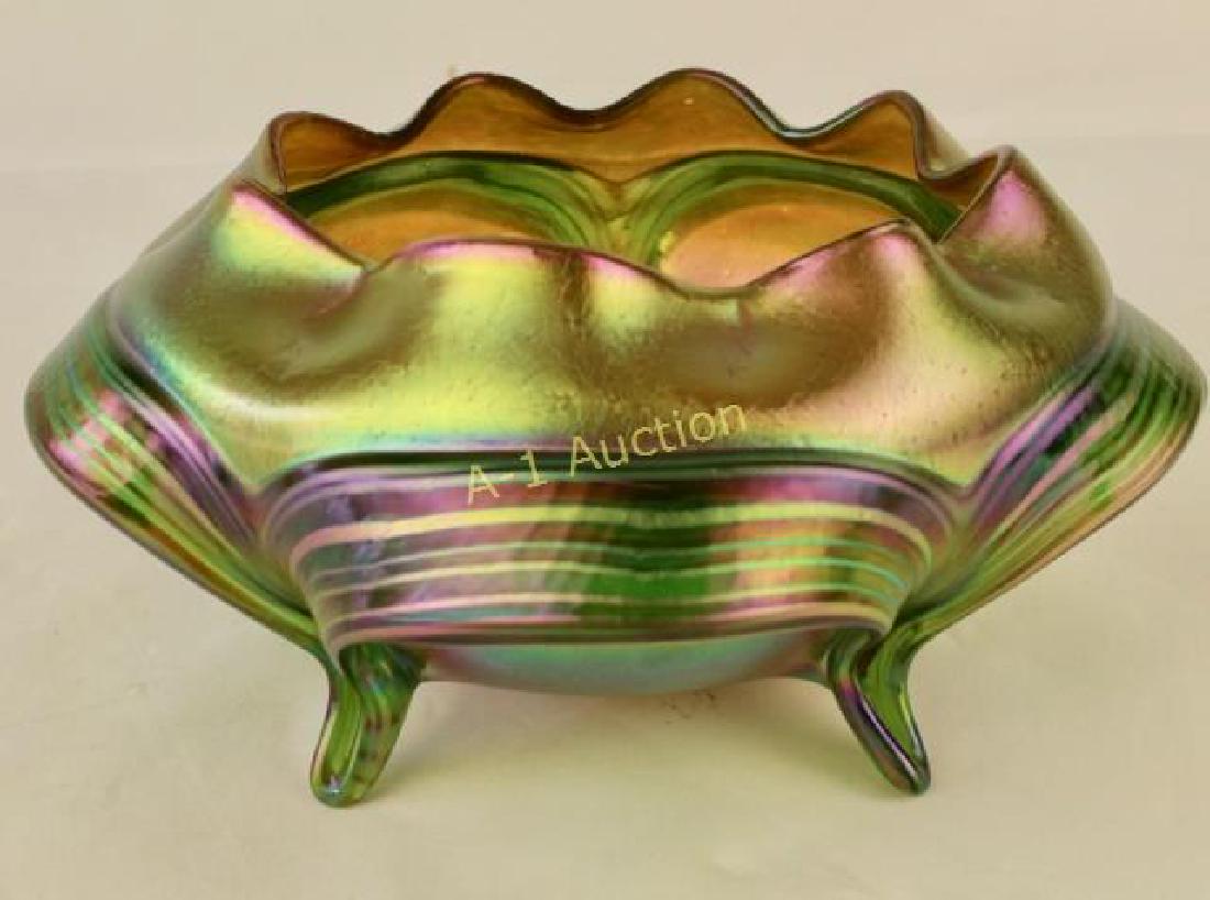 Loetz Candia Silberiris Footed Bowl Vase: an exceptional size 9.5" x 4.5", stunning green gold iridescence, thick overhanging "handles", applied creta glass feet, polished pontil, unmarked, c. 1900, perfect condition.