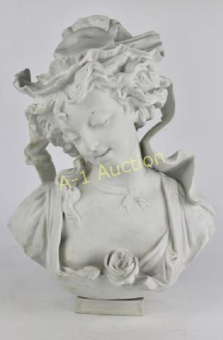 Hector Joseph Lemaire, Parian Ware Bust: French 1846-1933, young woman wearing a bonnet, cast by Alfred Laternier, Limoges, France, artist signed and stamped Limoges, 16" x 12" on 4" x 4" base, good condition.