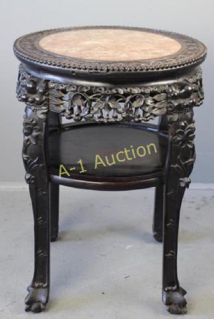Carved Hardwood Two Tier Stand: with marble inset top, beaded edge accents this 23" diameter top x 26.5" tall, great carving all over, 19th century, good condition.