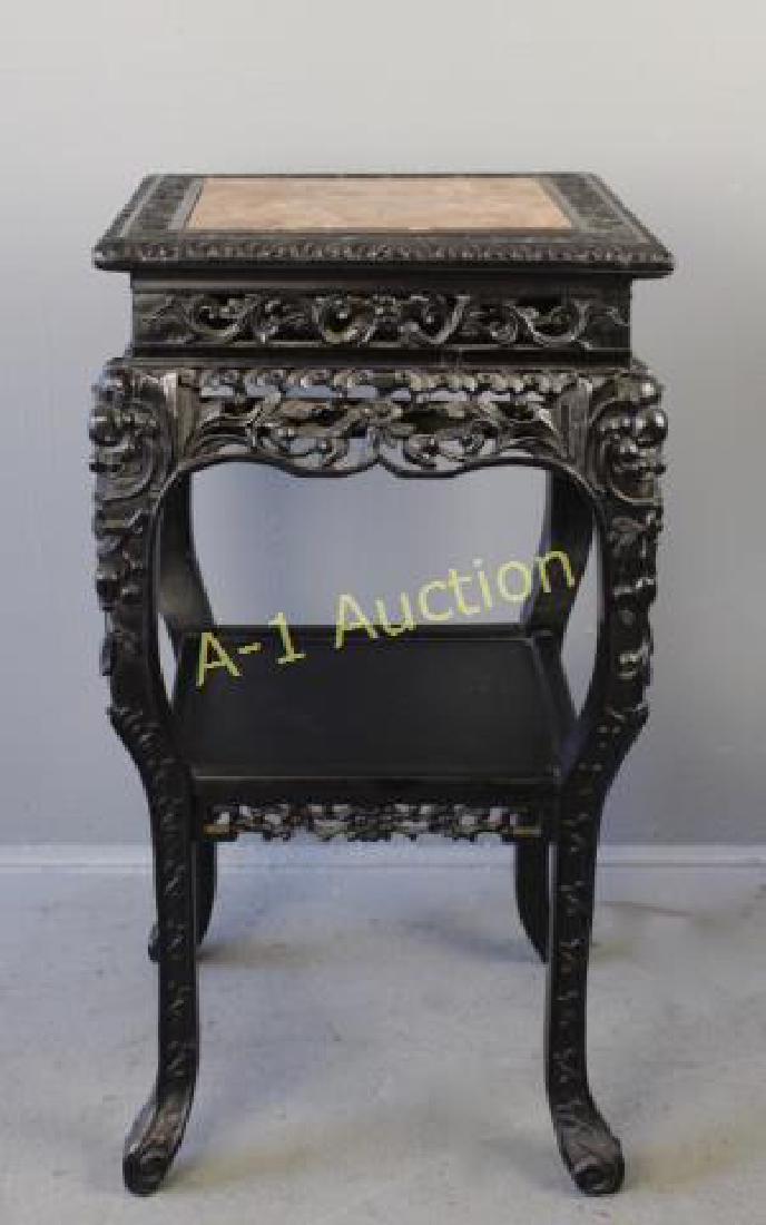 Tall Asian Hardwood Stand: square marble top, 17", lower tier shelf, double reticulated carved aprons, 32" tall, 19th century, very good condition.