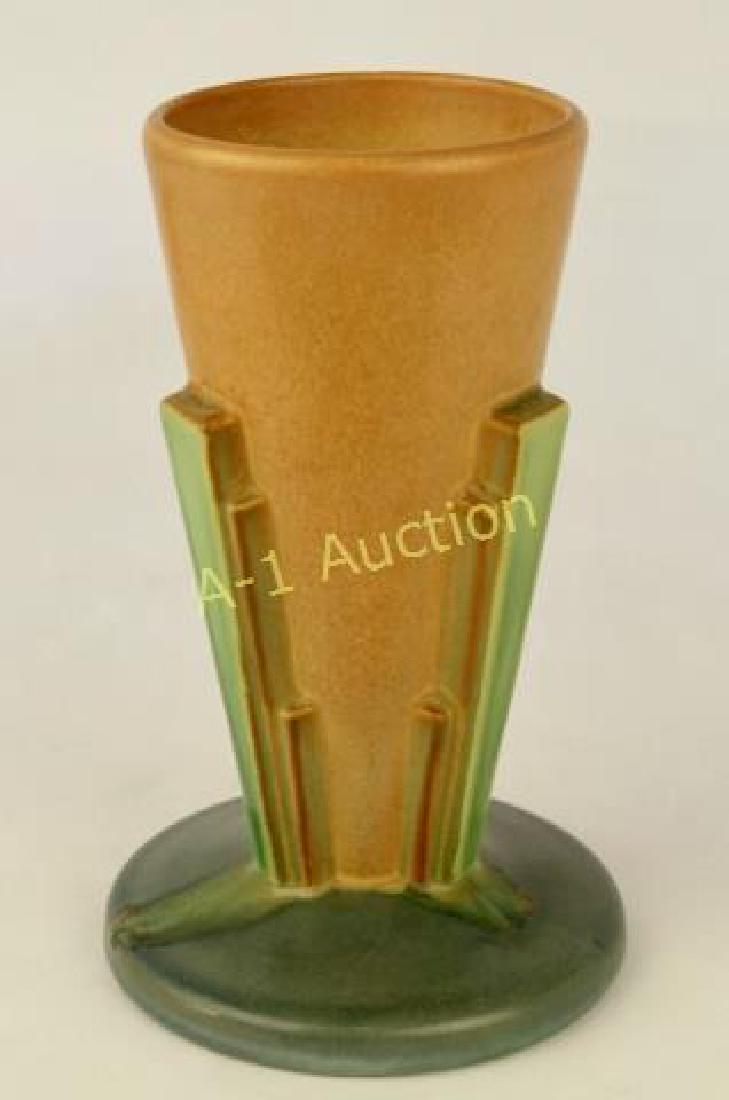 Roseville Futura 401-8 Vase: cone shape with 3 skyscraper protruding sides, partial paper label, c. 1926, nice dripping of glaze off sides, mint condition. 8".