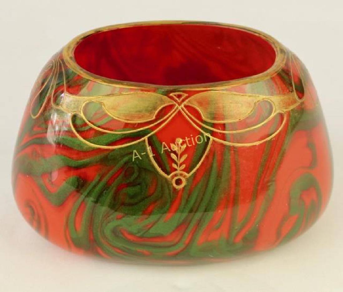 Harrach Formosa Vase: c. 1900-1904, early and rare form, red marbleized body with raised gold Art Nouveau design, 4" x 6", unsigned, very good condition.