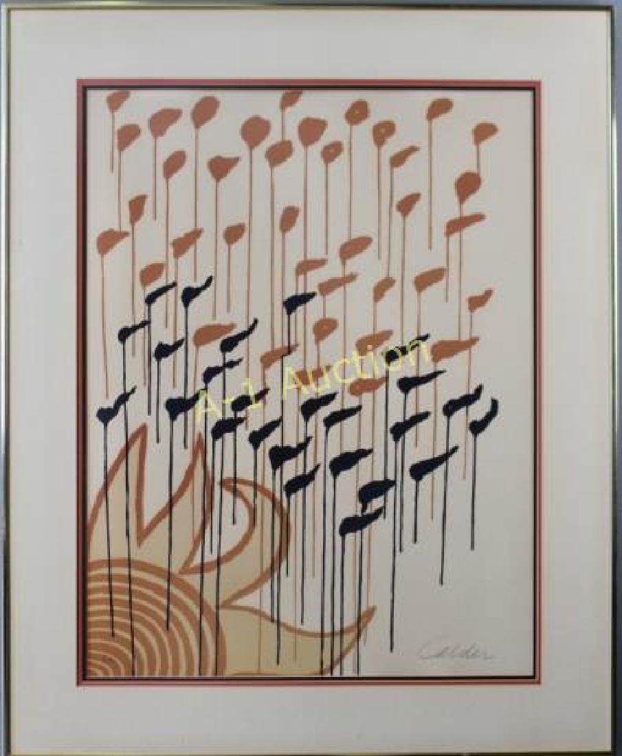 Alexander Calder, Colored Lithograph: 1898-1976, artist proof entitled "Sun and Flowers", pencil signed lower right, 26.25" x 32.25" overall in gold anodized frame with mat. Fine condition.