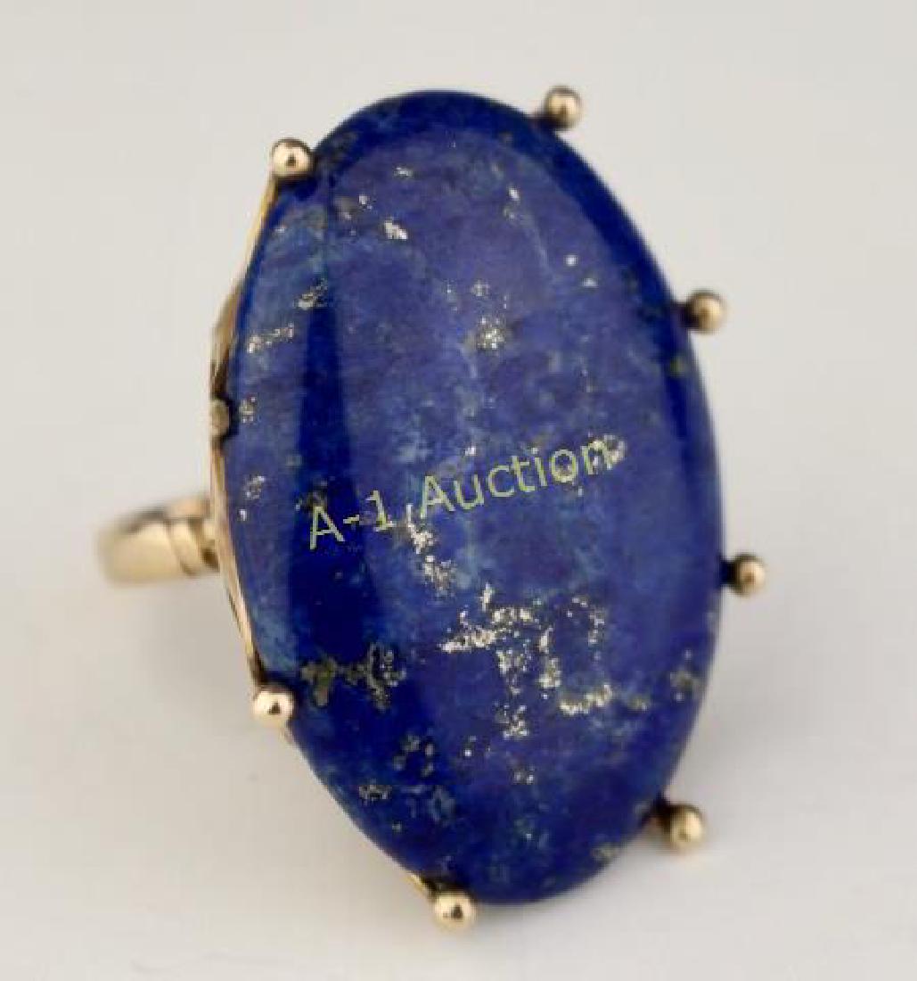 Huge Lapis Gemstone Ring: set in 18K yellow gold, crown prong setting, size 8.5, gold mica veining in this 1.67" x 1.25" polished stone.