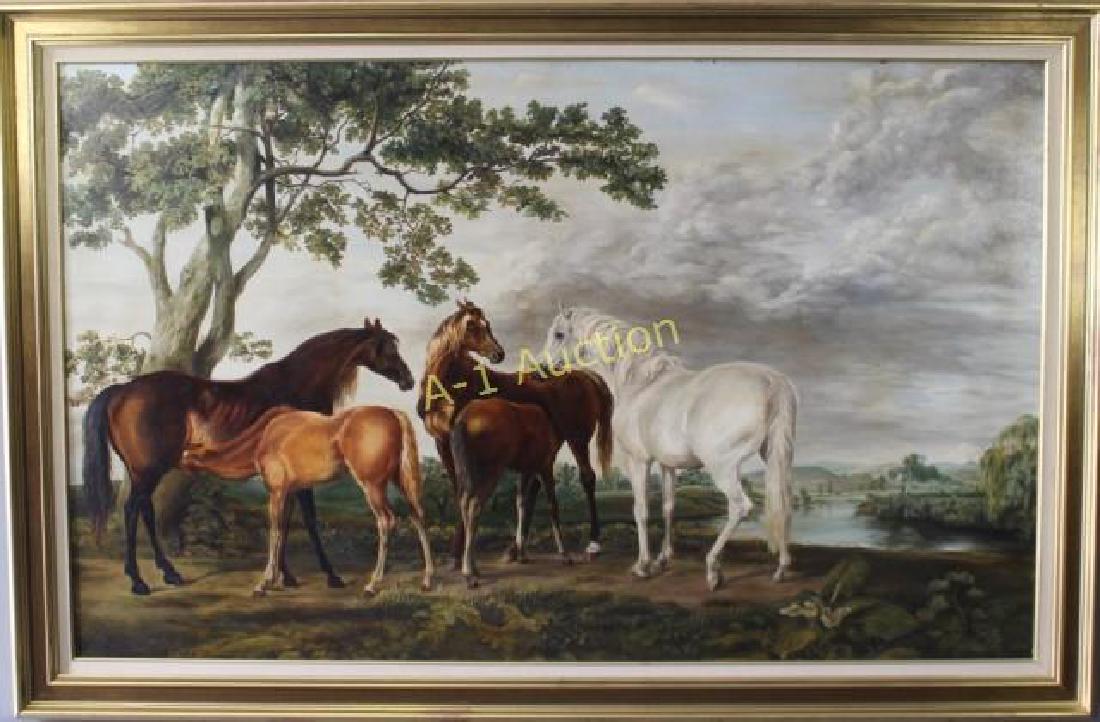 R. Alarcon O/C, after George Stubbs: attribute rendering by an unknown artist. Mr. Stubbs was famous for his equestrian works. This a very large oil on canvas of two mares with foals and a white stallion, extremely talented work, in a go