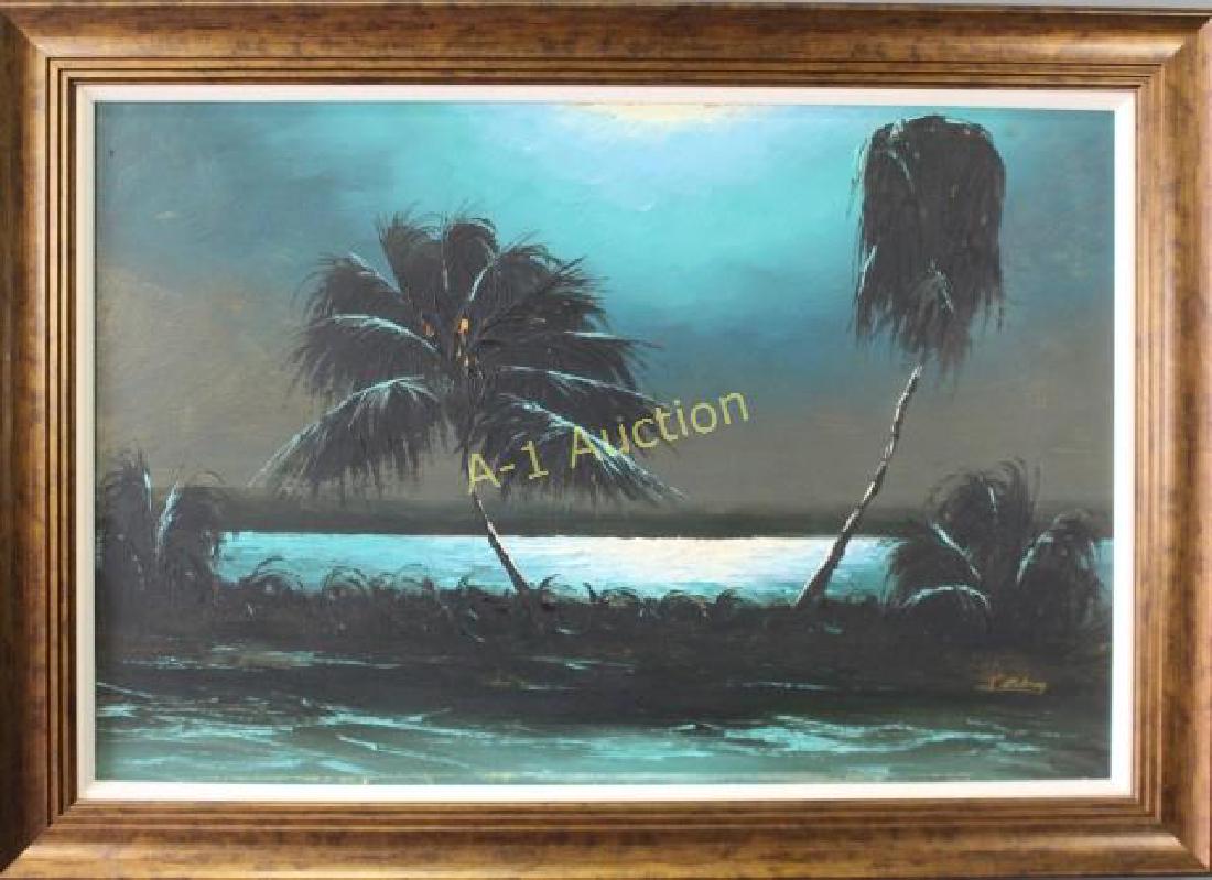 James Gibson, Florida Highwaymen Artist: oil on board, 20th century, moonlit Florida landscape with palm trees, lagoon, etc. 24" x 36" with new frame, minor paint loss in palm tree otherwise very good condition, signed lower right.