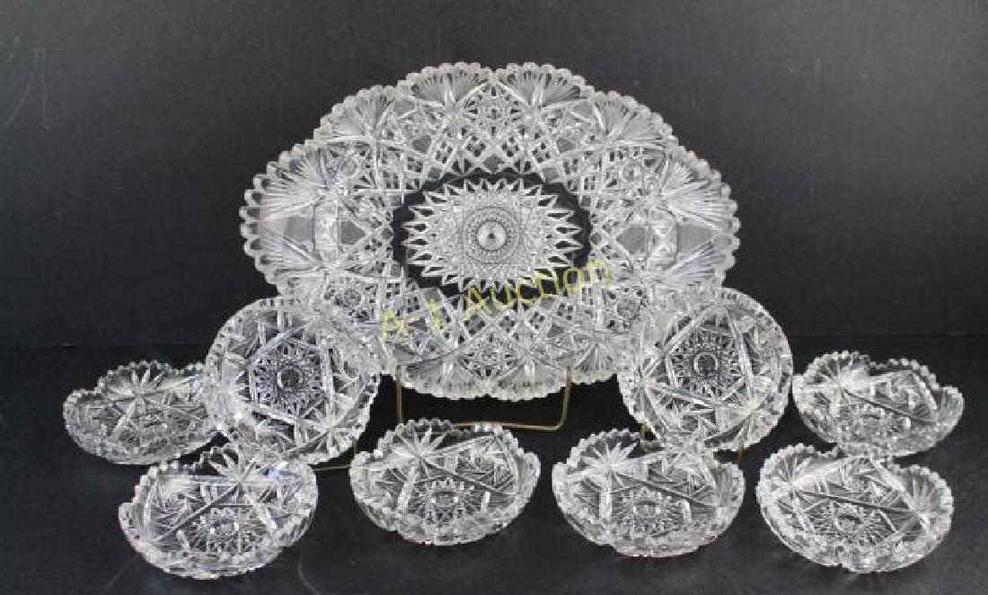 Brilliant Cut Glass Ice Cream Set: nine pieces assembled, very large 15" x 10.5" platter and eight 5" shallow bowls, some roughness on platter but dishes are without defeats.