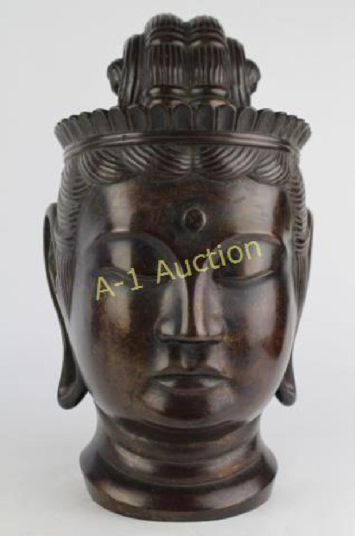 Large Bronze Buddha Head: late 19th century with great patina, this one has a commanding presence, 18" x 10" diameter.