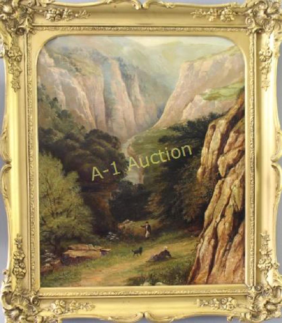 Richard Dodd Widdas, Oil on Canvas: 1826-1885, two hikers with dog in canyon landscape, signed "R. D. Widdas 1877" lower left. Frame is old but probably a replacement in that there is 2" margin of the work underneath frame edge at top u