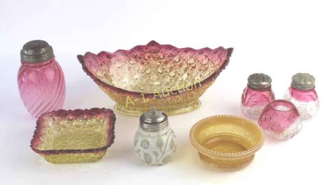 Rare Victorian Glass Group: Findlay Onyx mustard jar, 3 piece Northwood Royal Oak table set, Holly Amber sauce dish, 2 piece Hobbs "Buttons and Bows" Amberina, all in good condition.