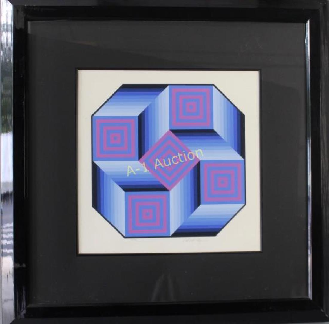 Victor Vaserely, Limited Edition Lithograph: 1906-1997, abstract geometric art, 126/300, central hexagon with optic illusion, signed lower right in pencil, not examined out of frame, 27" x 27" overall, wrinkle on lower mat, scratch on frame lowe