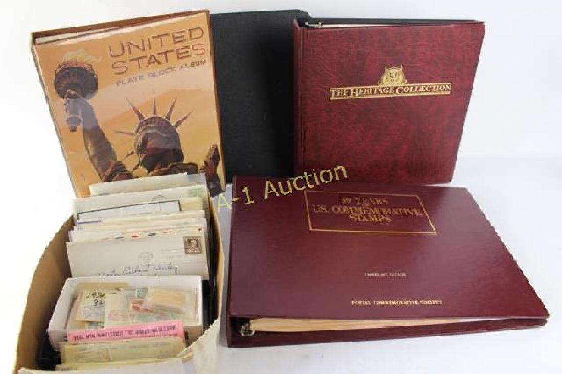 HUGE Stamp Collection: hundreds of stamps, direct from estate: Heritage Collection album 85% full, 50 Years of U.S. Commemorative Stamps album 1968-1984 full. Loose U.S. Air Mail stamps et. al. 20 pages of binder, U.S. Plat