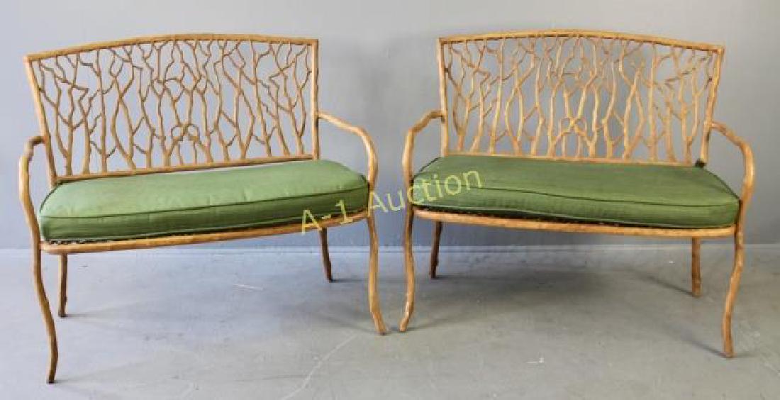 Pair Wrought Iron Benches by Woodard: with single cushions, organic tree branch design on back and seat, cushions covered in Sunbrella fabric, 36" h x 41"w x 21" deep, very good condition.
