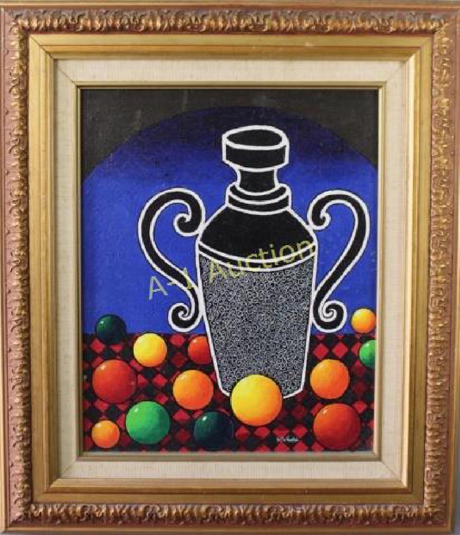 Antonio Pras Ventos, 1925-1999, Oil on Panel: abstract still life, mid-century, showing a black two-handled vase on checkerboard surface with primary colored orbs. Signed lower right, very good condition, in 23" x 27" frame.