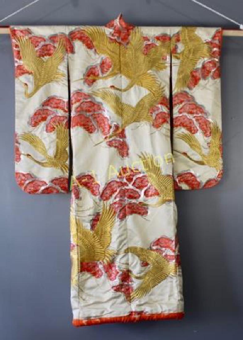 Fine Japanese Silk Wedding Kimono: decorated with golden flying cranes, silver and gold metallic threads, fully lined, 72" long, 39" sleeves, good condition, with minor wear at bottom edge.