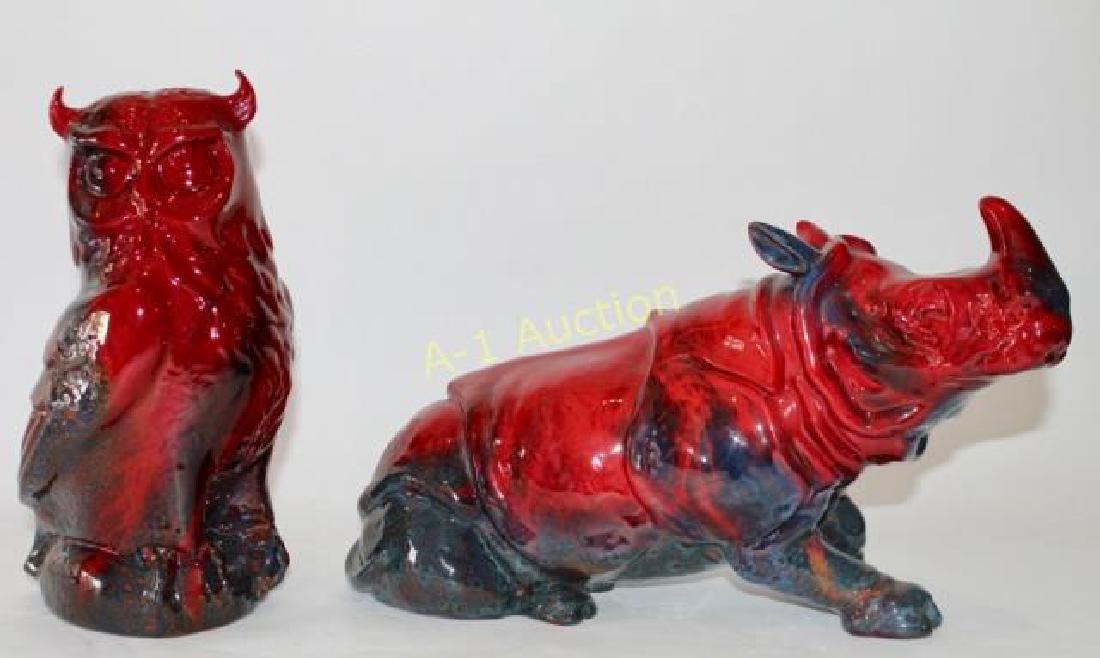 Royal Doulton Rhinoceros and Owl: The Rhino in Flambe Veined, 9.5" x 15", the horned owl also in Flambe Veined 12" from the Flambe Veined Collection, both mint condition with artist's initials "A.M."