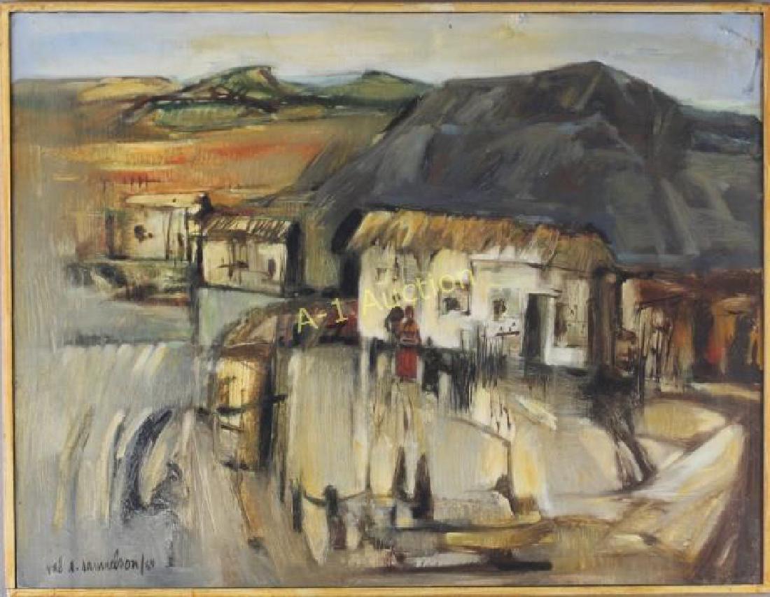 Val A. Samuelson, Oil on Board: 1913-2000, landscape with peasant village scene, probably Central Mexico where he traveled, dated 1964, good condition, 28" x 22" signed lower left.
