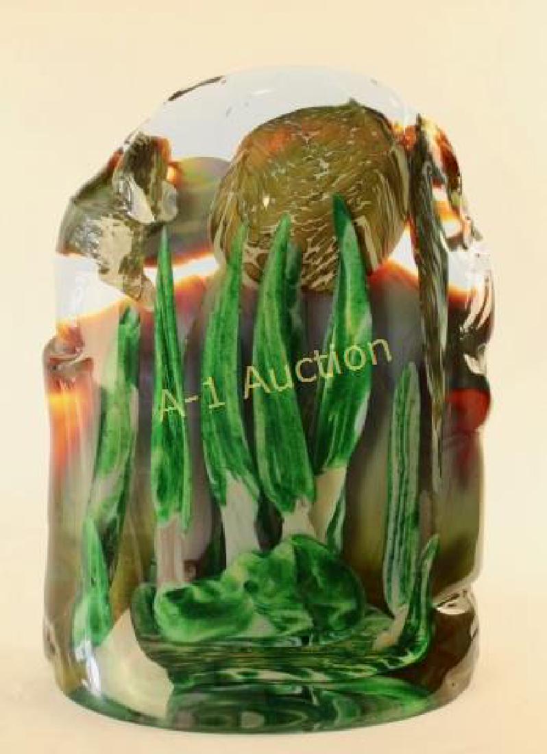 Murano, Venezia Glass Sculpture: a huge block of layered landscape with stylized moon, trees, mountains, etc. 16.5" x 12" x 4", etched signature Lorando Rossin, with another signature Murano Venezia 1993. The artist died in 1992, per
