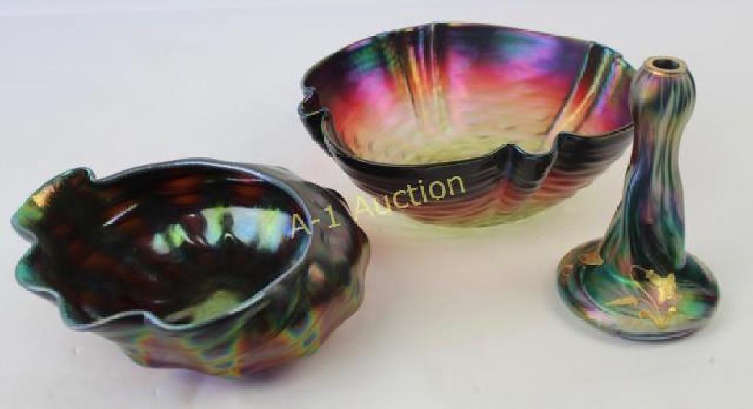 Group of Three Art Glass Pieces: a 10" x 3.75" Josef Rindskopf "Granada" bowl with incredible iridescence inside and out, a Rindskopf "Twist" bulbous bottom 6.75" bud vase with rare hand painted gold enamel decoration and a Lundberg 