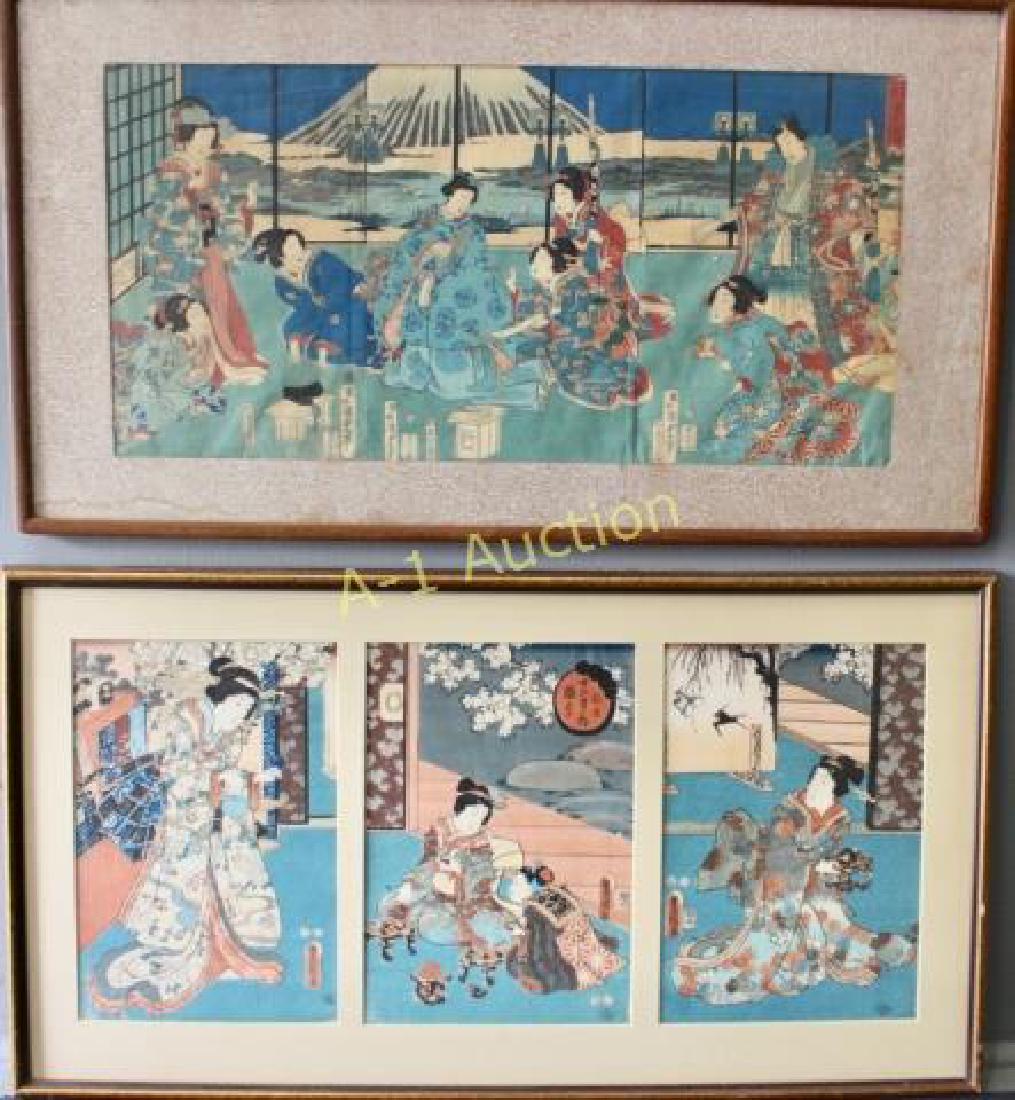 Two Japanese Woodblock Triptychs: one is theatrical, the other Geishas in various poses. Neither examined out of frames, good color, 19th century, each signed, 36" x 19.5" and 35" x 19".