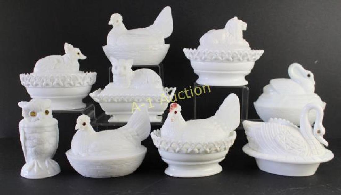9 Milk Glass Figural Covered Dishes: all milk glass with glass eyes: large 8.5" hen, hen in lattice basket, swan with cut incised wings (one eye missing), 6.75" owl, cat on lattice edge basket, (no eyes), fox on oval lattice edge basket 