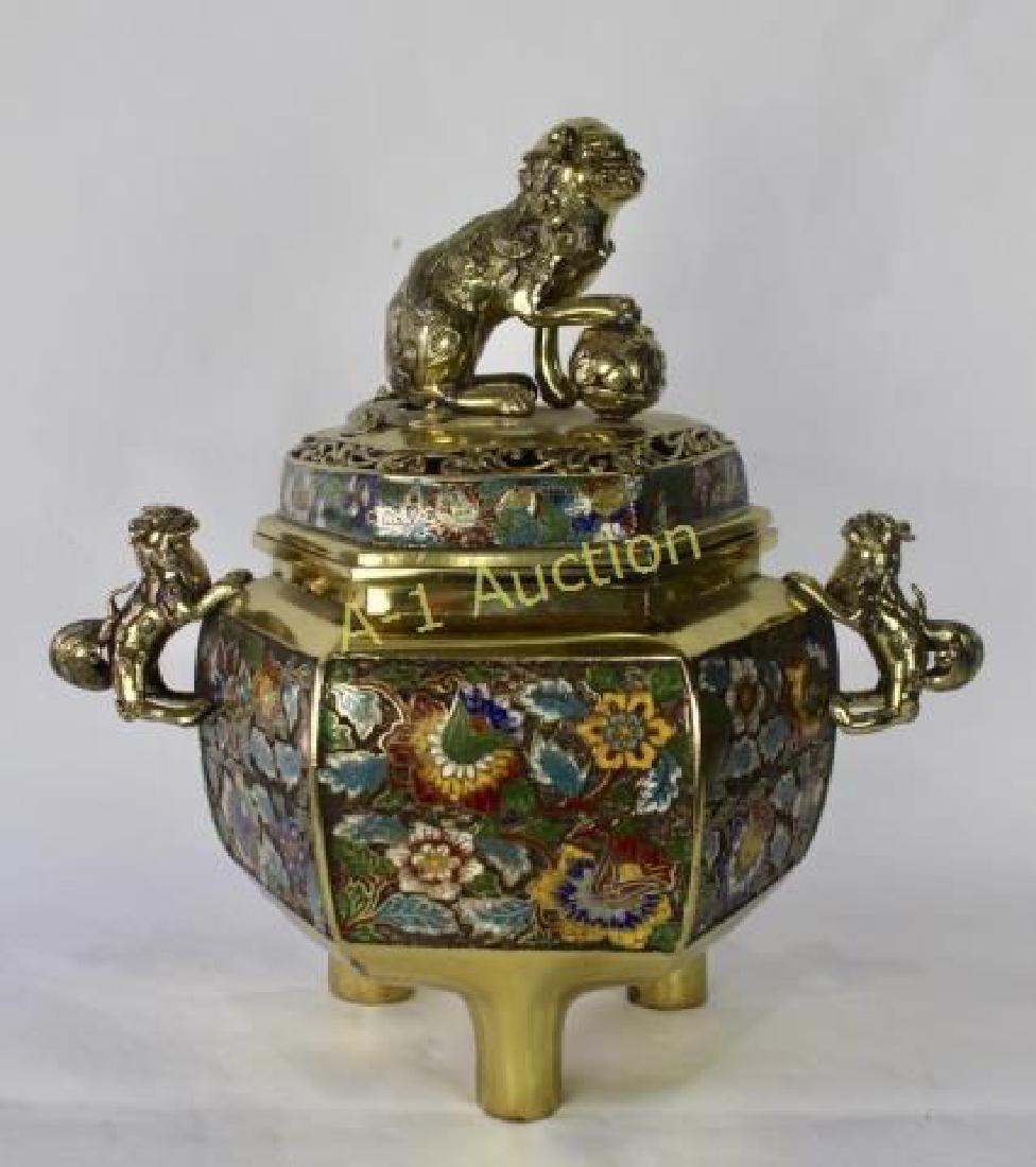 Large Brass Champleve Censer: Foo dog finial holding down an orb, animal handles, large band of floral enamels surrounding the hexagon shape body on three legs, wafer seal signature on bottom, excellent polished condition, 18" tal