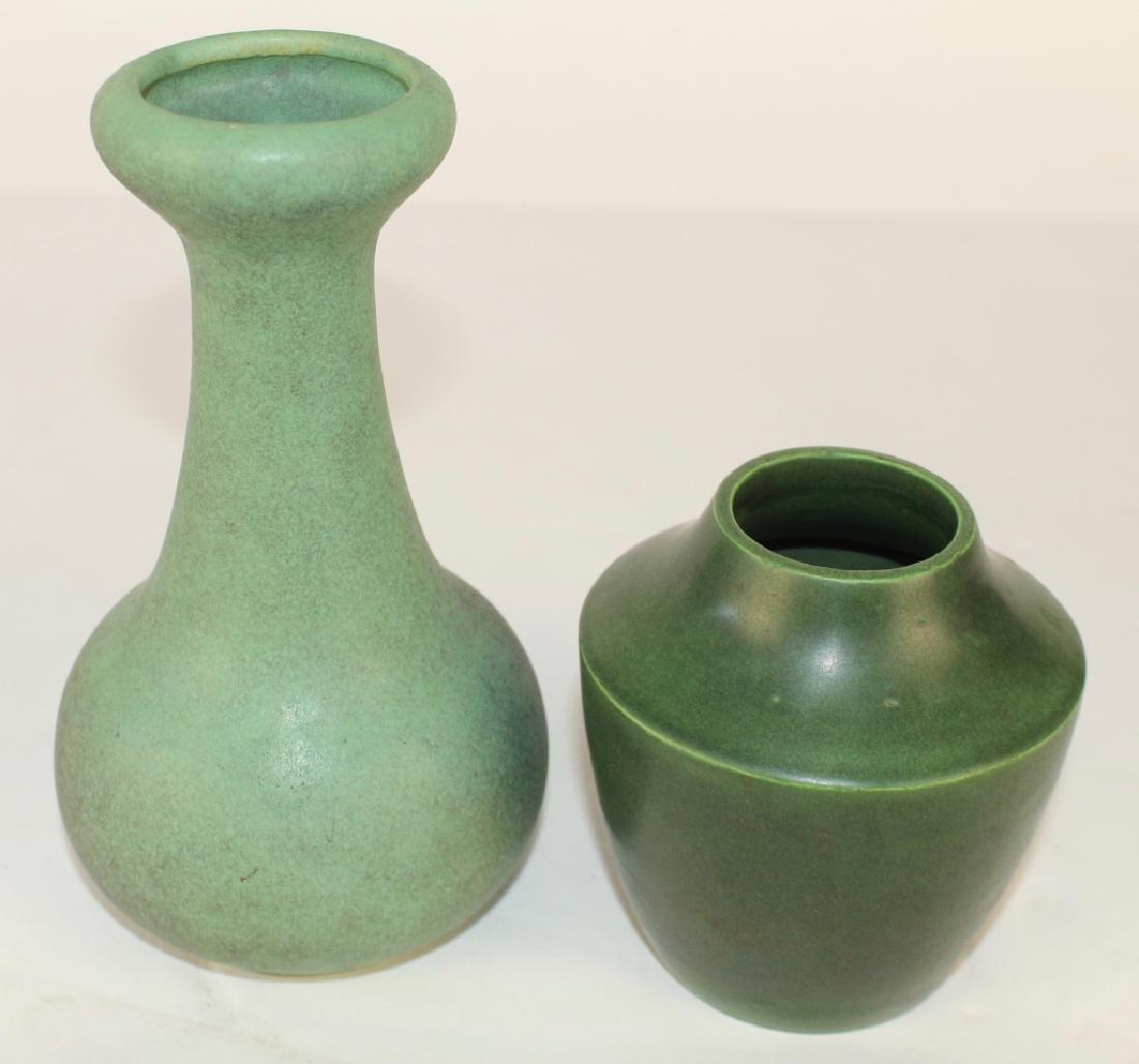 Teco Art Pottery Group: 7.5" #392 light green crystalline vase and 4.5" #366 dark green vase both designed by W. D. Gates, both good condition.